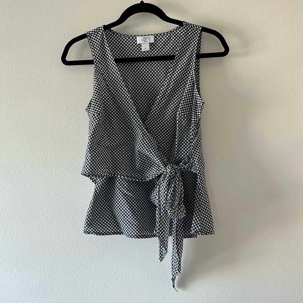 Ann Taylor wrap tie bow navy gingham sleeveless petite tank top 2P